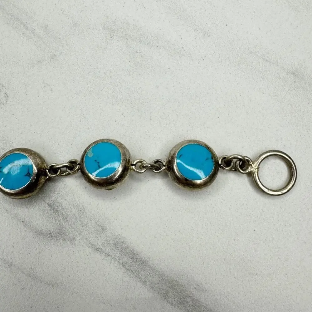 Vintage Mexico Blue Faux Turquoise Round Cabochon Link Toggle Chain Bracelet ✨